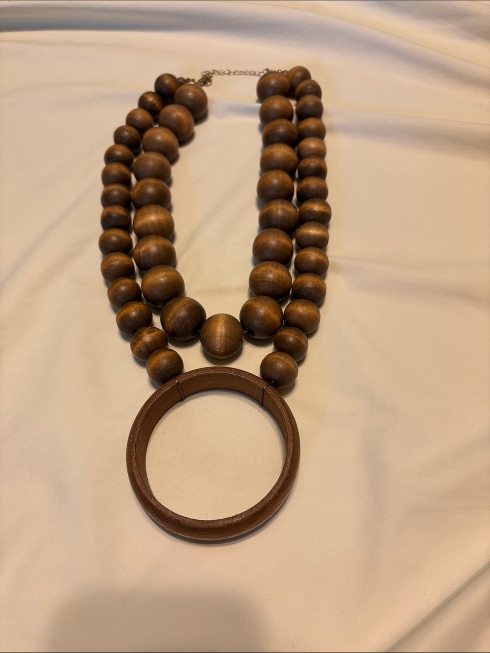 Wood Bead Statement Necklace with Ring Pendant - Brown